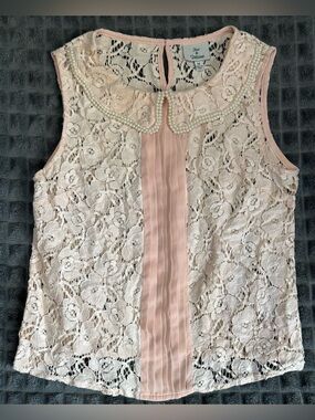 ❤️ Medium Hot & Delicious Pearl Trim Blush Pink Lace Sleeveless Top (B8)